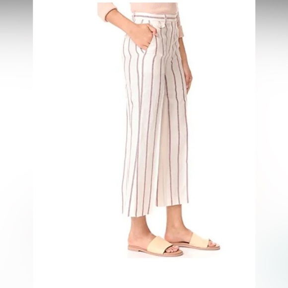 Theory Nadeema Wide Leg Striped Crop Linen Pants in Cream/Maroon Stripe - 8 - Picture 3 of 12